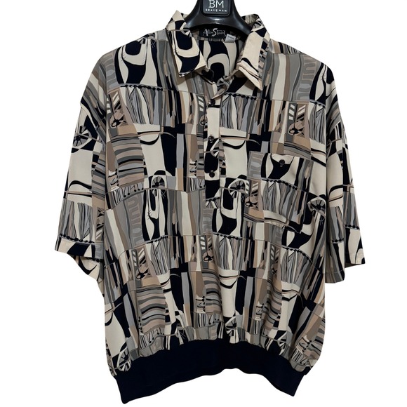 Vintage Alan Stuart Polo Shirt Mens 3XL Art Abstract Pattern 90s Elastic Hem